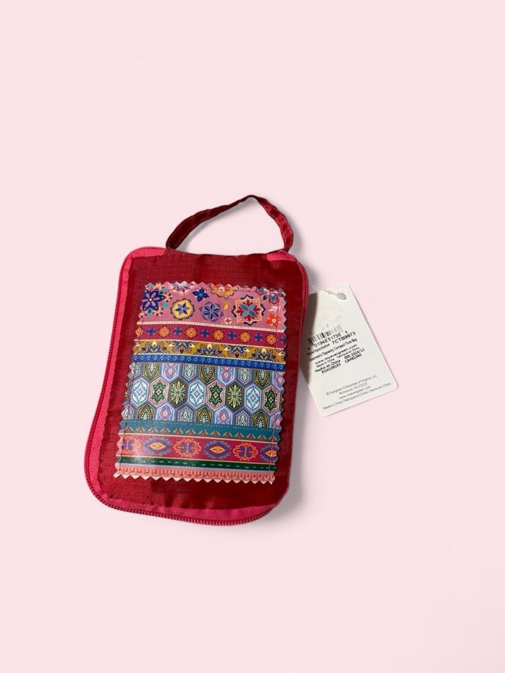 Evergreen Embroidered Pattern Raspberry Reusable Tote with storage Pouch
